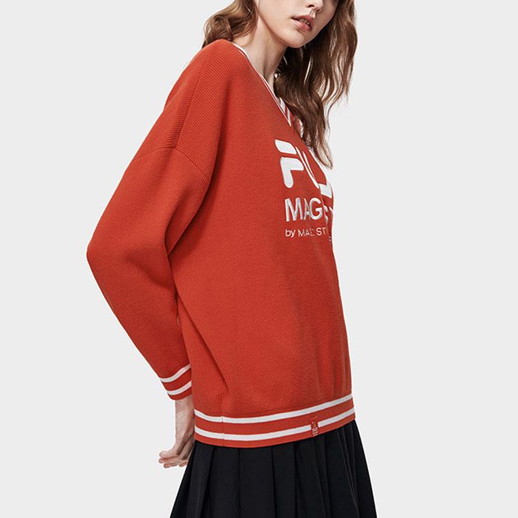 Fila Logo Print V-Neck Long Sleeve Sweater Women sweater Red F11W319401F-OR