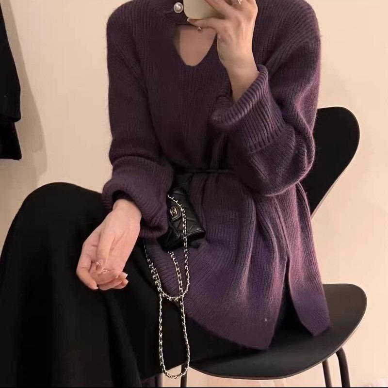 

Drawstring waist knitted sweater autumn and winter new medium and long soft waxy lazy wind semi-turtleneck machine hollow sweater women фиолетовый