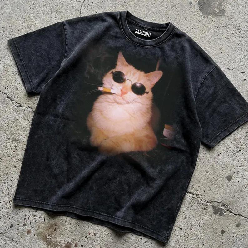 

Cat Meme TShirt Funny Open Mouth Cat Graphic Tee Retro Streetwear for Unisex Women Oversized YK Casual Top Unique Humorous S