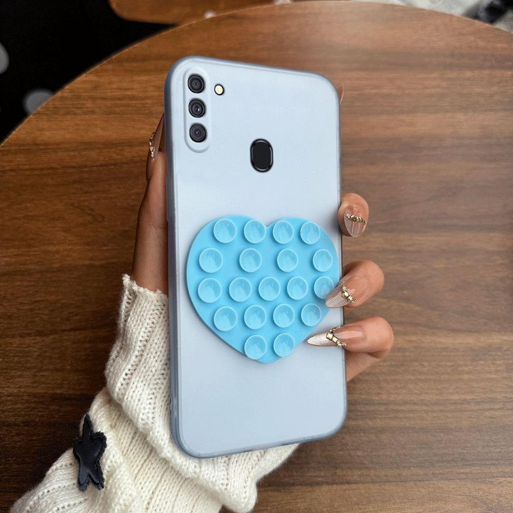 Heart Shape Suction Cup Phone Case for Samsung Galaxy A11 Semi Transparent Matte Shockproof Soft TPU Cover