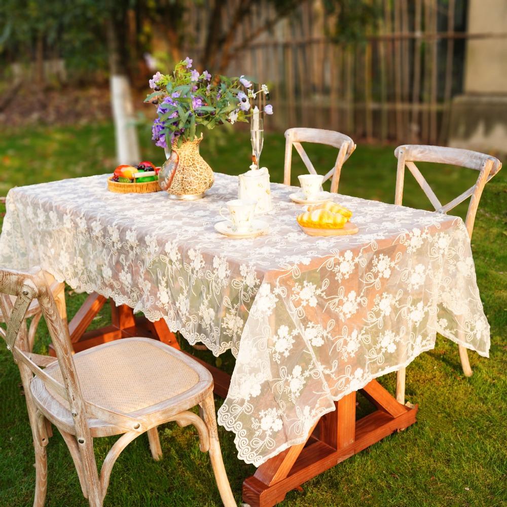 Romantic Embroidered French Lace Tablecloth Organza Vintage Table Linen White Table Cover Desktop Background