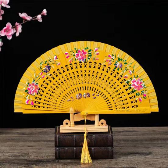 Faltfächer mit Quasten, doppelseitig, Blumenmuster, hohle Holzrippen, Laufstege, Tanz-Wing-Chun-Requisiten, Damen, Sommer-Handfächer, Partyzubehör