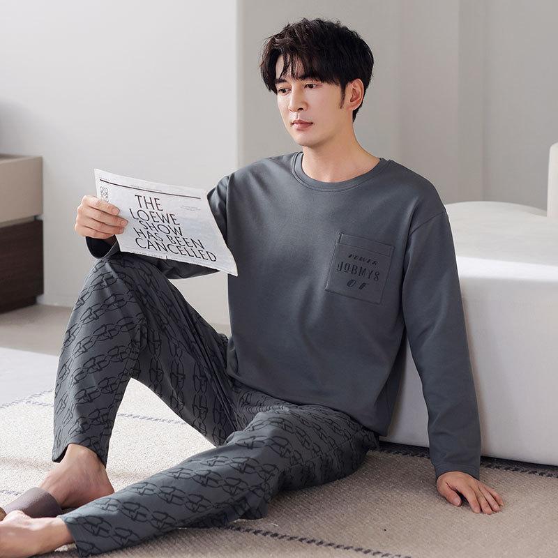 Pajamas Men'S Spring And Autumn Cotton Long Sleeve Crew Neck Casual Blue Autumn Loungewear Large Size Set