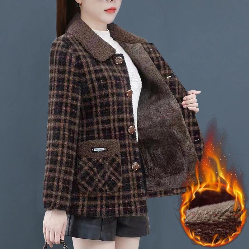 Women's Winter Plaid Woolen Coat With Fleece Lining Casual Lapel Button Jacket