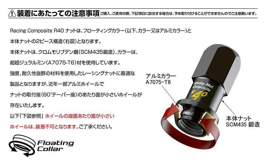 Kyoei Industry Kics Racing Composite R40 iCONIX 14R Spherical Seat Lock Nut (KYO-EI) M14xP1.5 & Set, Black, RI-14K8K