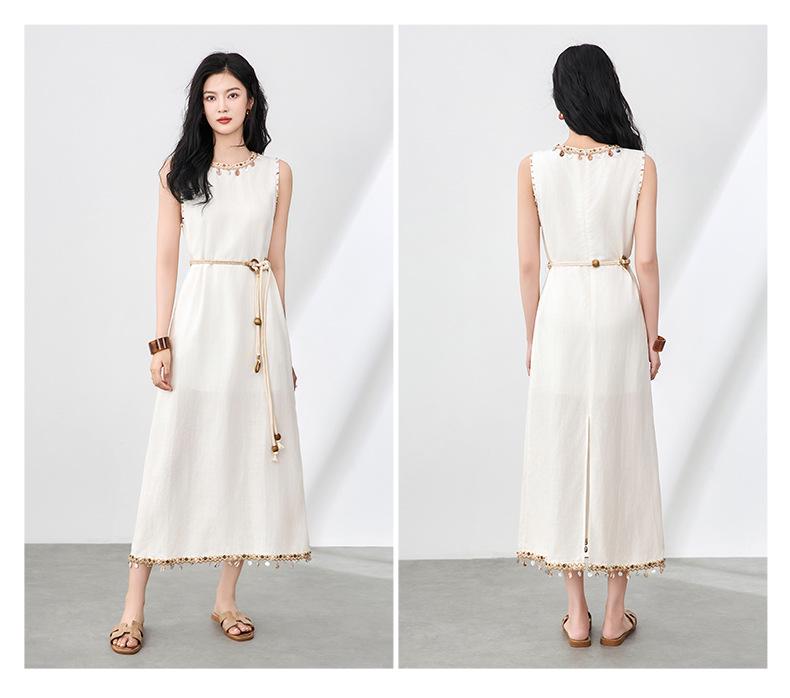 Ärmelloses Kleid im Bohemian-Stil aus Leinen-Tencel mit Muschel-Anhänger & Quaste für Damen