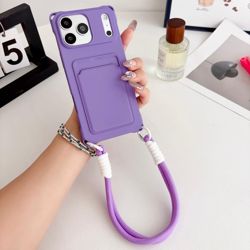 Wallet Card Slot Holder Silicone Slot Lanyard Phone Case for IPhone 17 Air 17E 16E 15 14 Plus 13 12 11 Pro Max Wristband Cover
