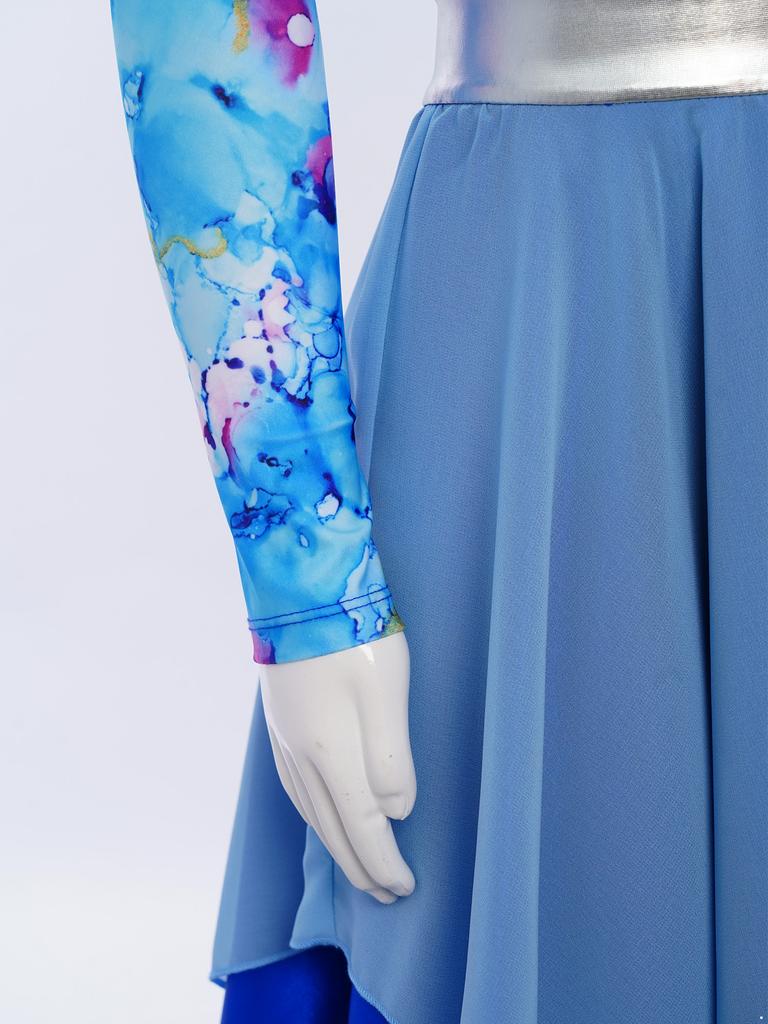 Girls Contemporary Worship Dance Dress: Long Sleeve with Invisible Zipper Back, Stylish Printed Patchwork & Color Block Irregular Hem