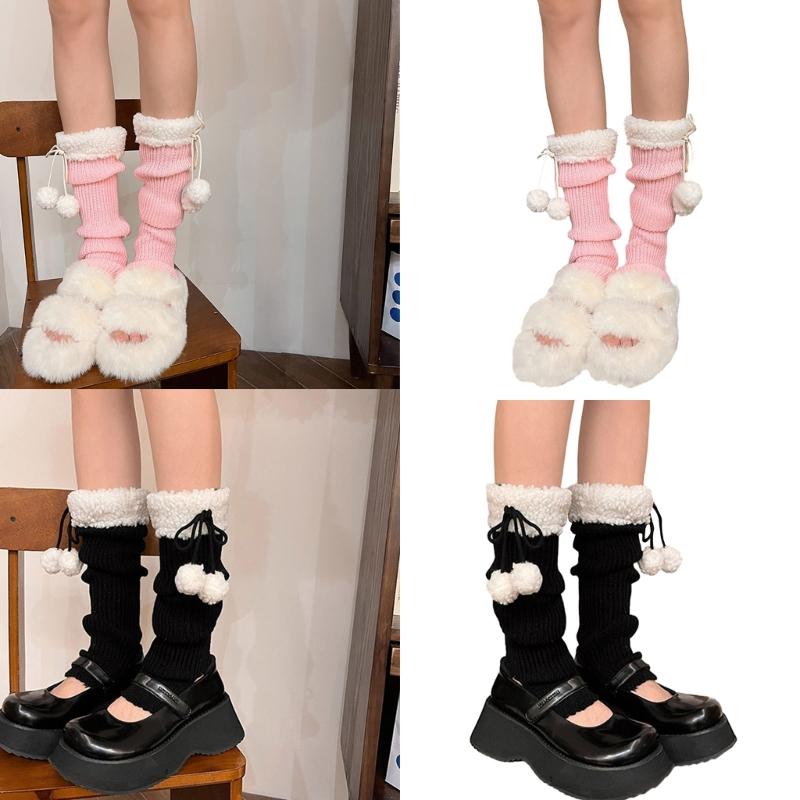 Lolitas Leg Warmers for Women Girls White Ball Knitted Leg Sleeves Winter Warm Ankle Heap Socks JK Uniform Foot Cover