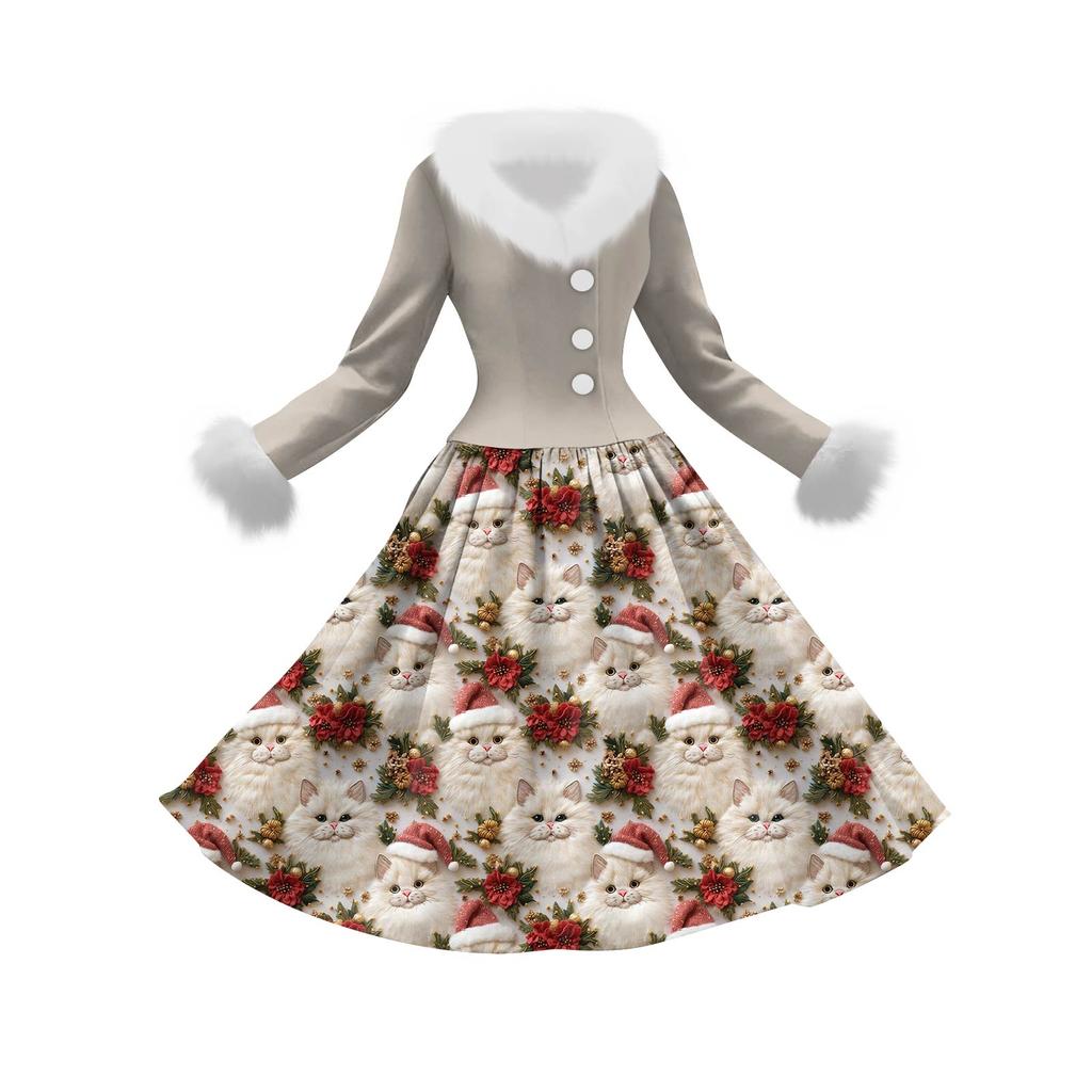 Women's Casual Hooded Dress Long-Sleeve V-Neck Patchwork Fleece Christmas Print Dress