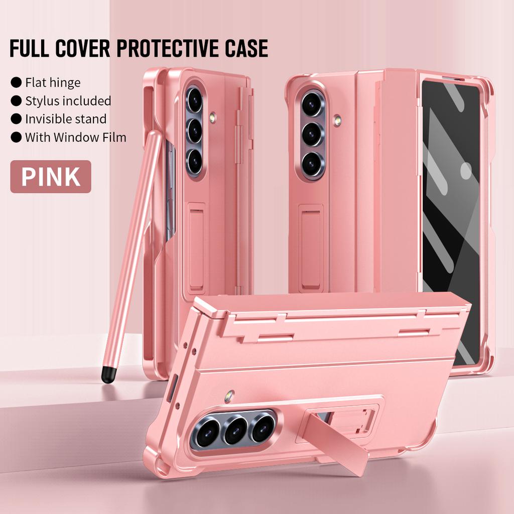 Full-Coverage Phone Case with Built-in Stand for Samsung Z Fold 7 6 5 4 with S Pen Tempered Glass Shield Hinge Protection Cover