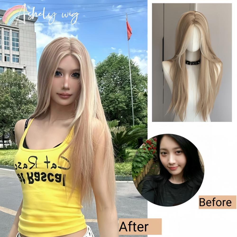 Blond peruka dla kobiet Długa prosta blond brązowa peruka Azjatycka amerykańska koronkowy przód Syntetyczna peruka do codziennego użytku Cosplay Ombre Peluca