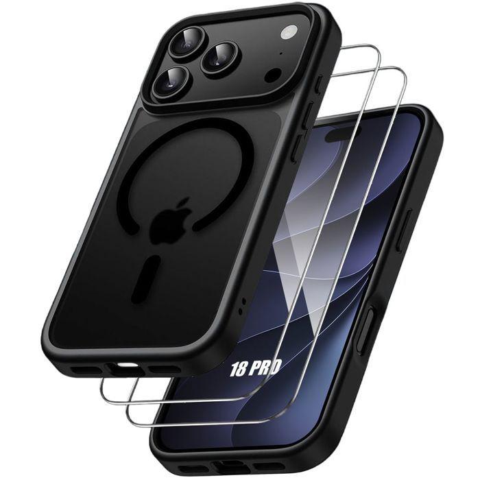 Coque + 2 Verres Trempés pour iPhone 18 Pro, Hybride Antichoc avec Cercle Magnétique - Noir
