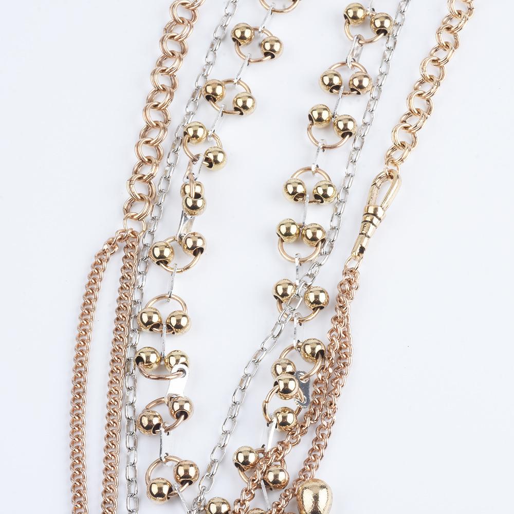 Women Multi Layer Stacked Necklace Two Tone Gold Silver Beaded Chain Rhinestone Heart Pendant Statement Necklace