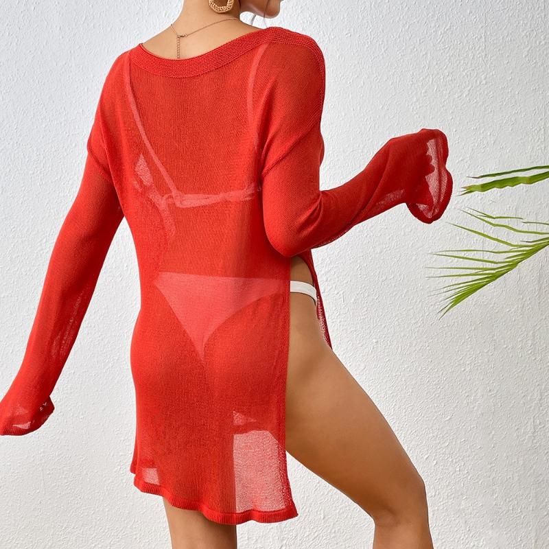 Womens Sheer Knit Beach Cover Up Long Sleeve Side Split Blouse