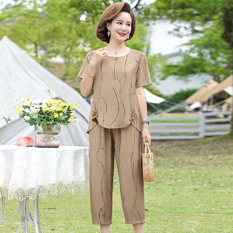 Middle-aged Women Clothing Summer 2 Piece Sets Women's Short Sleeve T-shirt and Harem Pants Loose Woman Suit