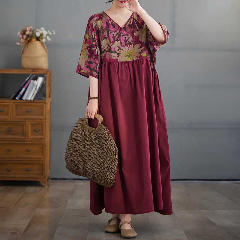 Cotton and Linen Summer Patchwork Retro Style Dress, Plus Size Long Skirt