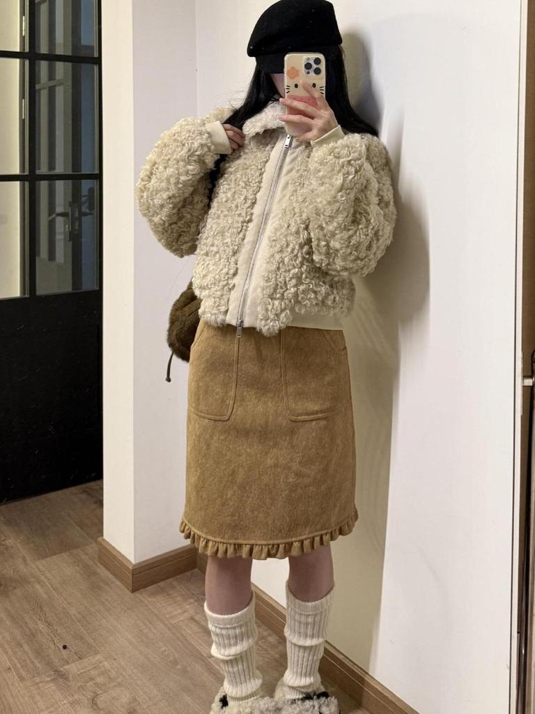 Korean Khaki Wool Pleated Mid-Length Women's Skirt - Versatile Autumn/Winter Fashion for Commuting