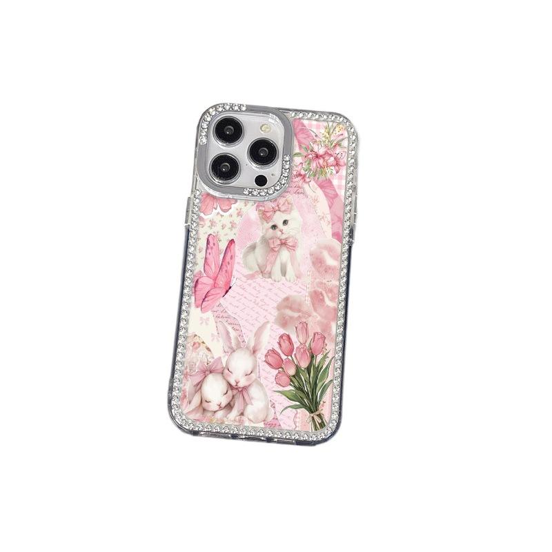 Applicable To iPhone16 Pink Tulip Butterfly Cat Mobile Phone Case 17ProMax Diamond Frame Girl Heart 13