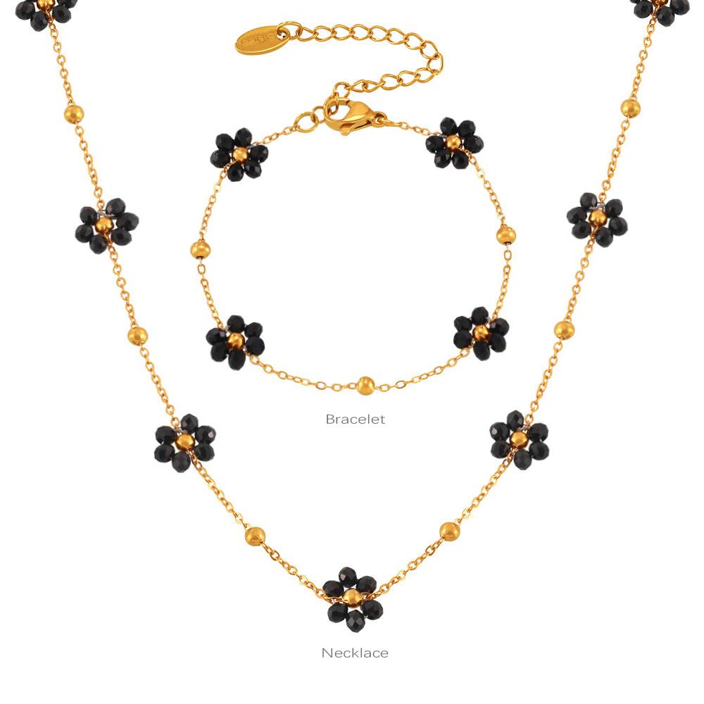 Black Flower Pendant Necklace Bracelet For Women Stainless Steel Gold Plated Women's Neck Chain Necklaces Bracelets Jewelry Sets