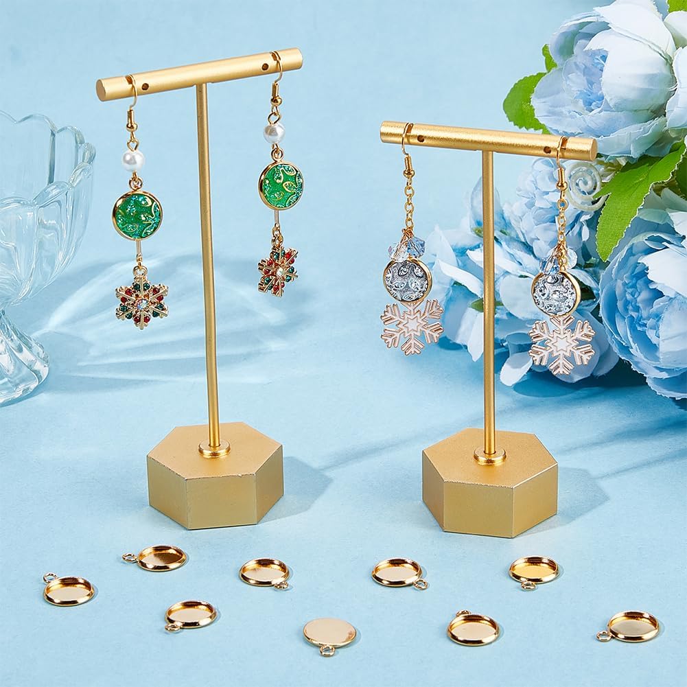 Beebeecraft 1 Box 40Pcs Flat Round Charm 24K Gold Plated Brass 12mm Blank Bezel Tray Charms Cabochon Settings with Loop for Jewelry Making