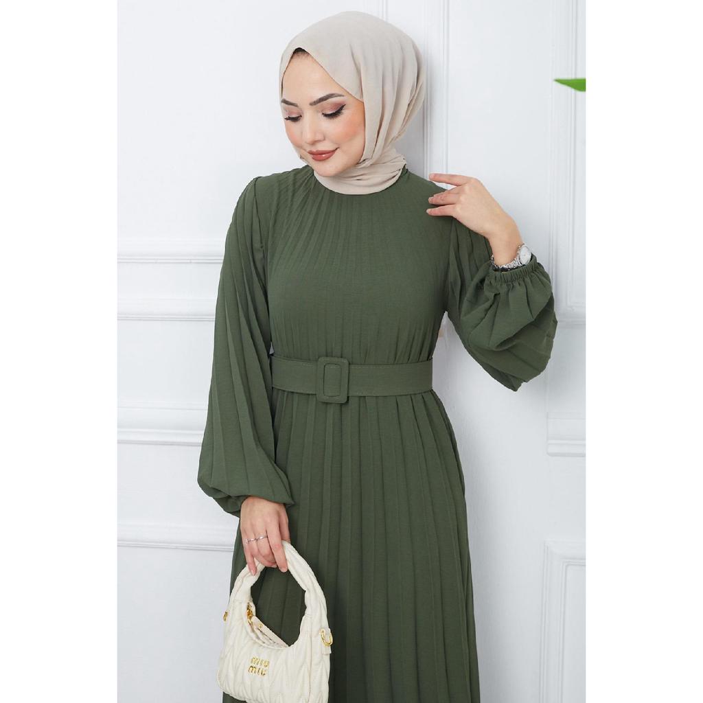 Belted Pleated Aerobin Dress Khaki Hm2339