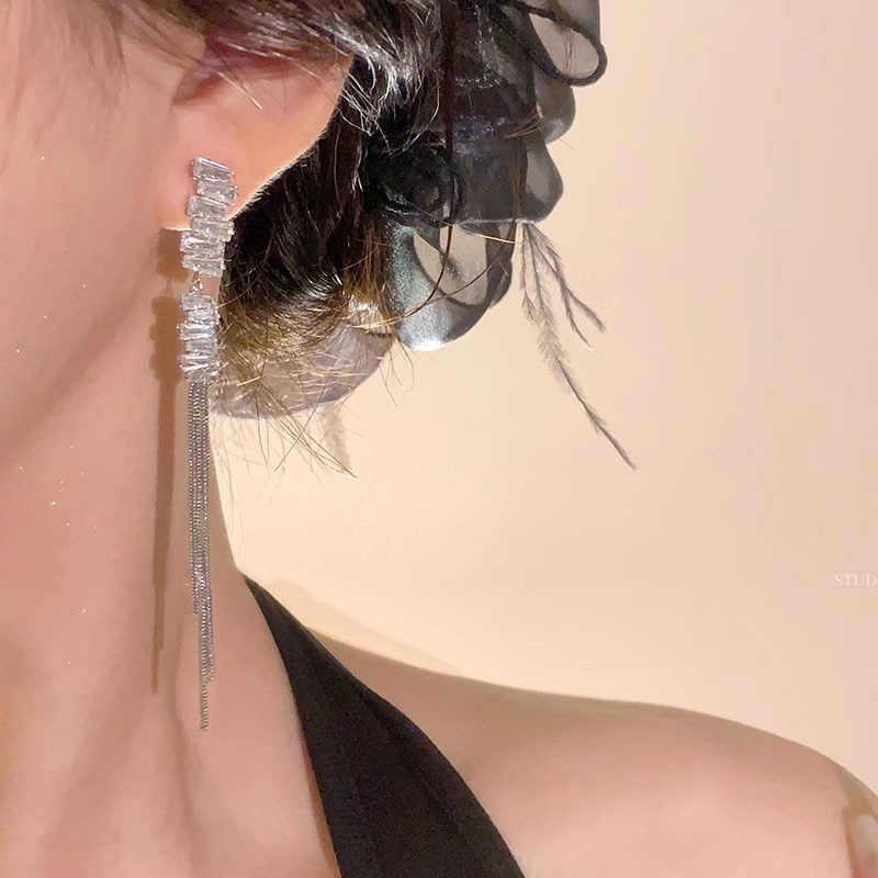 S925 Silver Teardrop Diamond Tassel Dangle Earrings - Korean Fashion, Celebrity Style for Women