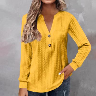 Women's Fashion Long Sleeve Solid Colour V-Neck Button T-Shirt Printed Casual Top
