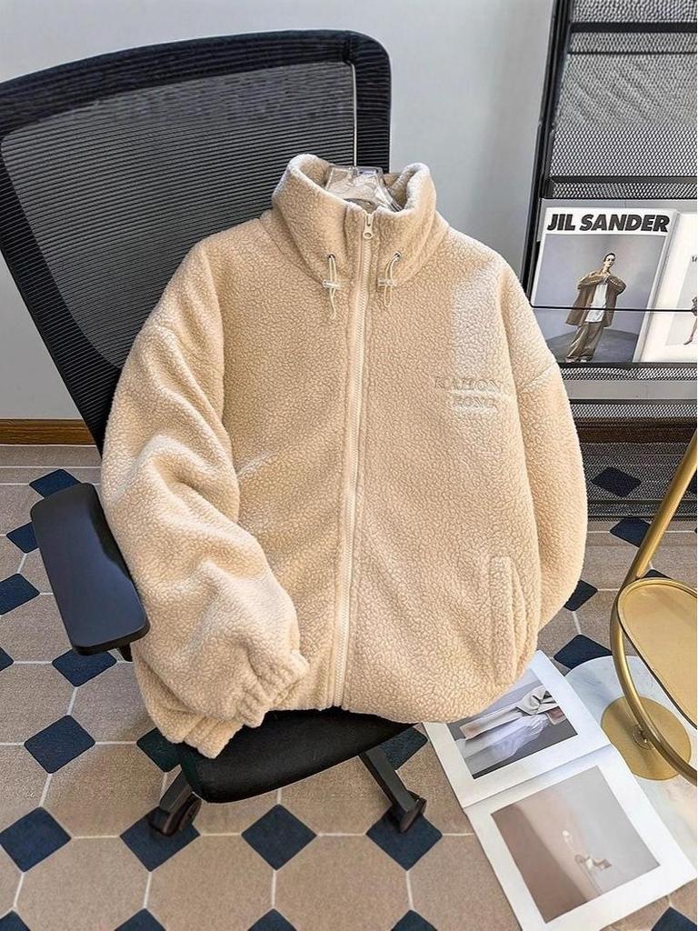 Herren Trendy Fleece Stehkragen Jacke - Winter Lammwolle, Dick, Warm, Lässiger Baumwollmantel