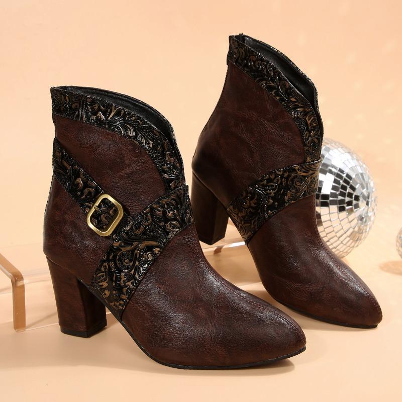 

Fashion Soft Leather Booties French Pointed Toe Paneled Temperament Rear Zipper Non Slip on Heels Everyday Use 39