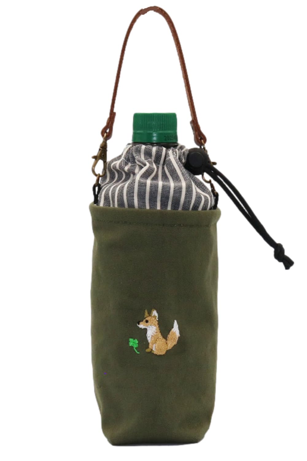 

Insulated PET Bottle Water Bottle Drawstring Leather Handle Fox Print x Olive Cover, Cover, Bag, 500-600ml Capacity, (Embroidered Canvas)