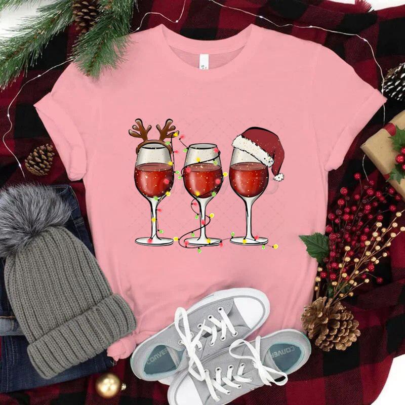 Women Wine Glass Christmas Hats T Shirt Lights Xmas Gifts Cartoon Top Happy New Year Tshirt Harajuku Fashion Womens Clothing