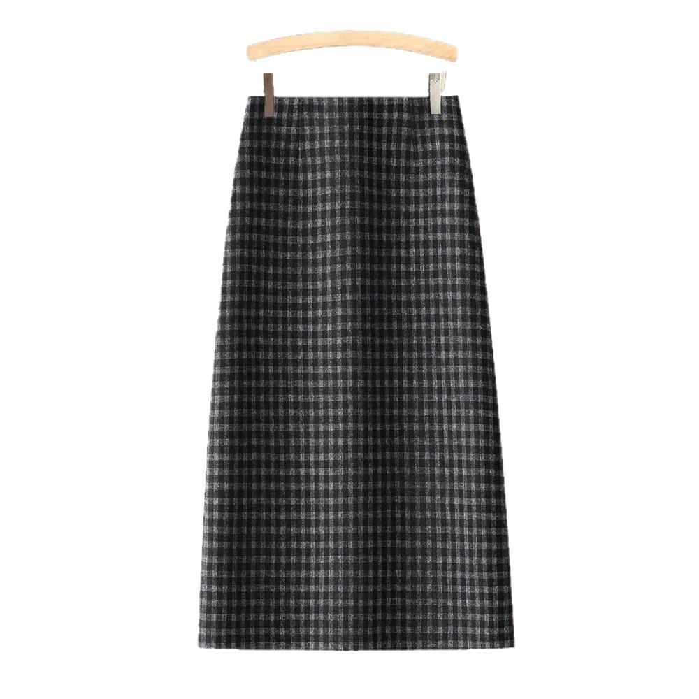 Winter 2025 Women's High-Waisted Wool Plaid A-Line Mid-Length Skirt