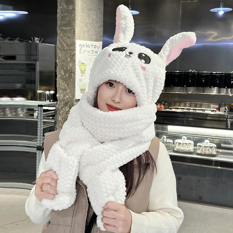 Rabbit ears move hat lady autumn and winter cute thickened warm scarf gloves integrated hooded pullover