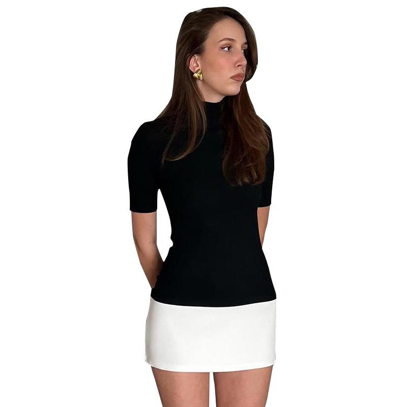 Léto 2025 Rolák Poloviční rukáv Mini šaty Francouzský styl Móda Elegantní Černobílé Patchworkové Přiléhavé šaty