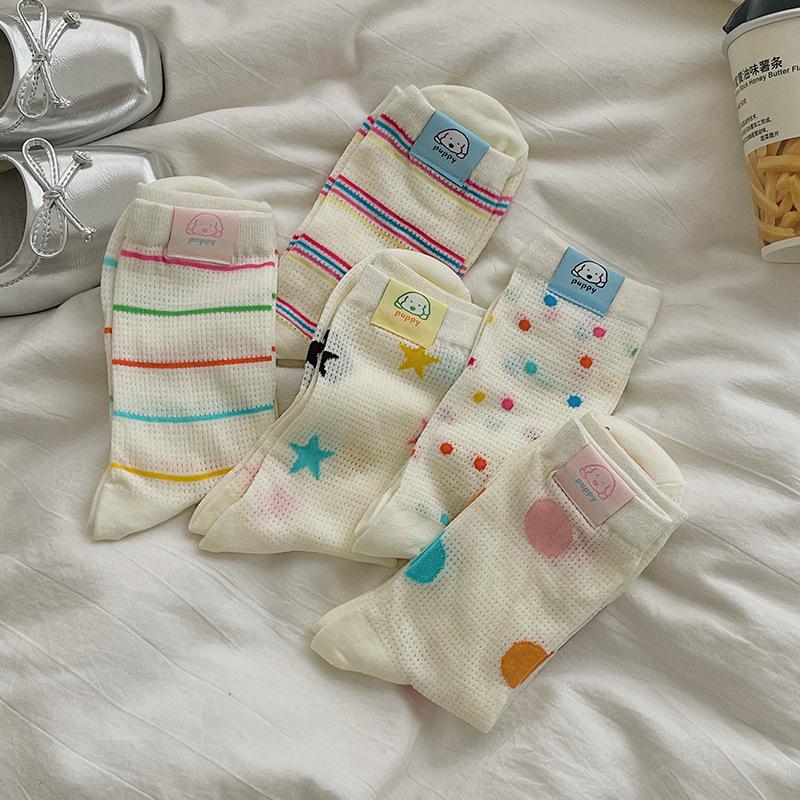 5 Pairs of Women's Summer Thin Lovely Polka Dot Mesh Breathable Tube Socks