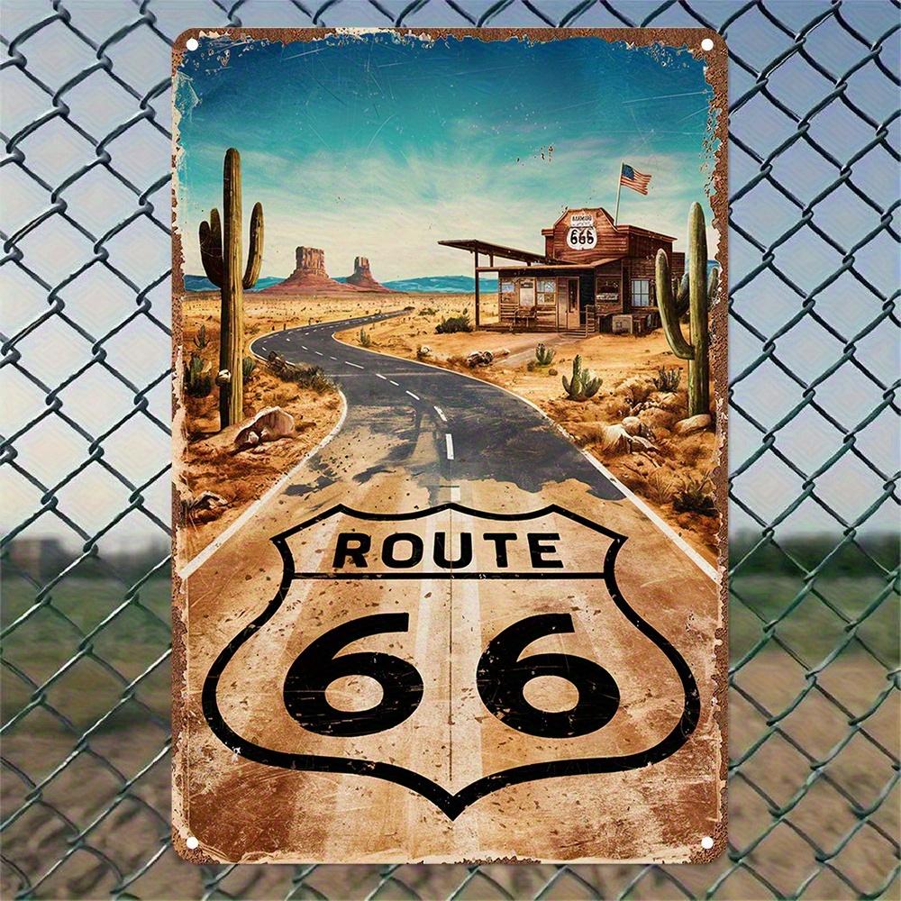 Vintage Route 66 Metal Sign - Rustic Iron Wall Art with Desert & Cactus Design, Perfect for Cafes, Kitchens, Bars, and Home Deco