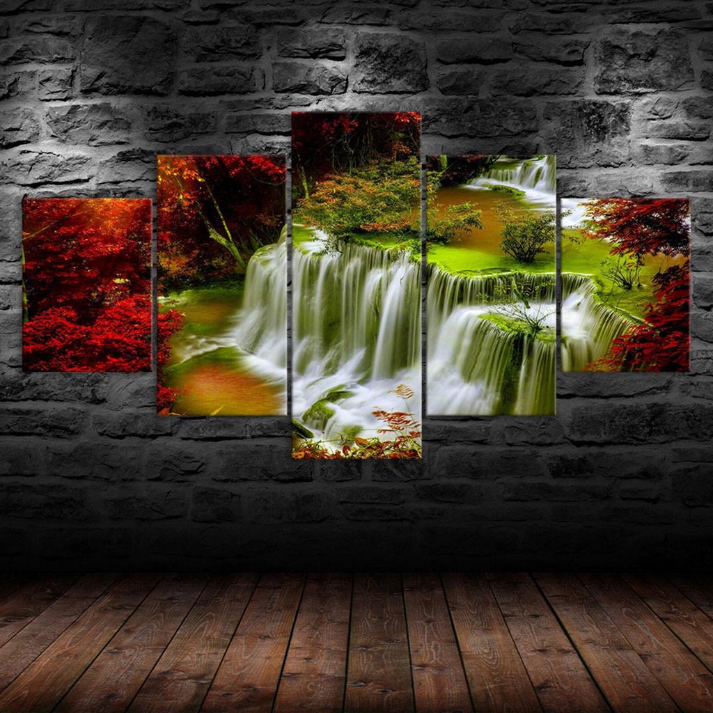 Feenwasserfall Landschaft Leinwand 5 Teile Fünf-Panel Wandbild Moderne Kunst Poster Heimdekor Geschenk für Ihn Für Sie