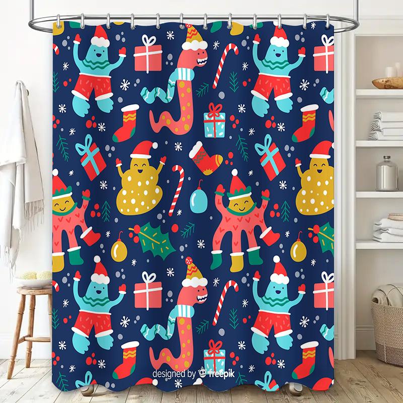Christmas-themed shower curtain featuring colorful monster designs, perfect for festive home decor during holiday season