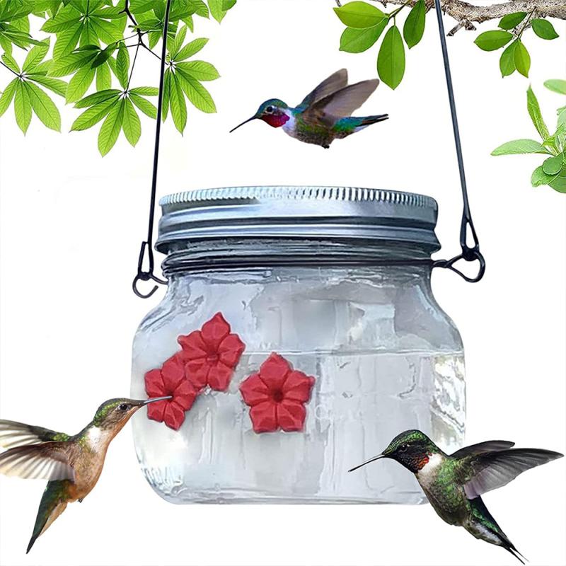 Hanging Bird Feeder Outdoor Transparent Mason Jar Flowers Decoration Hummingbird Feeder