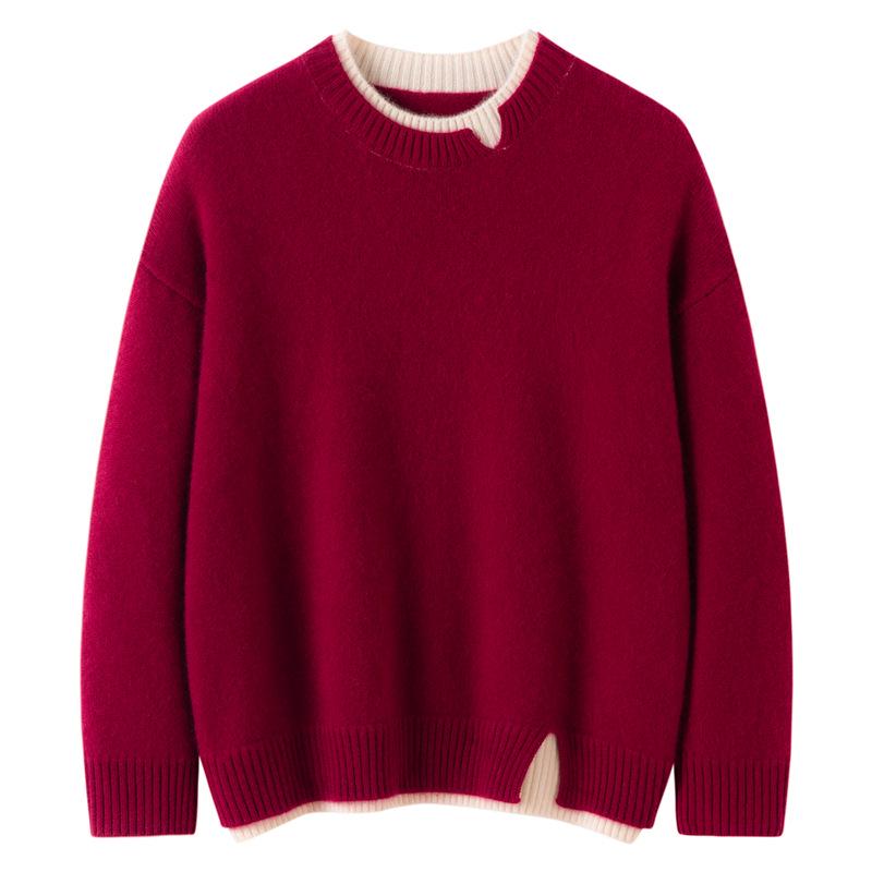 Women's Cashmere Color Block Slit Pullover: Autumn/Winter Thick Two-Piece Knitwear