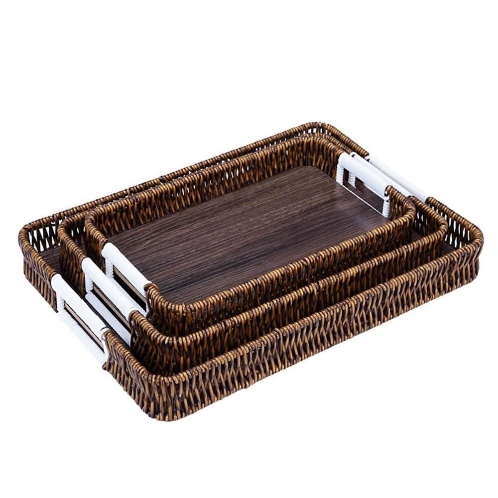 Handwoven Wicker Serving Tray Woven Handheld Plastic Rattan Storage Tray  Kitchen Storage