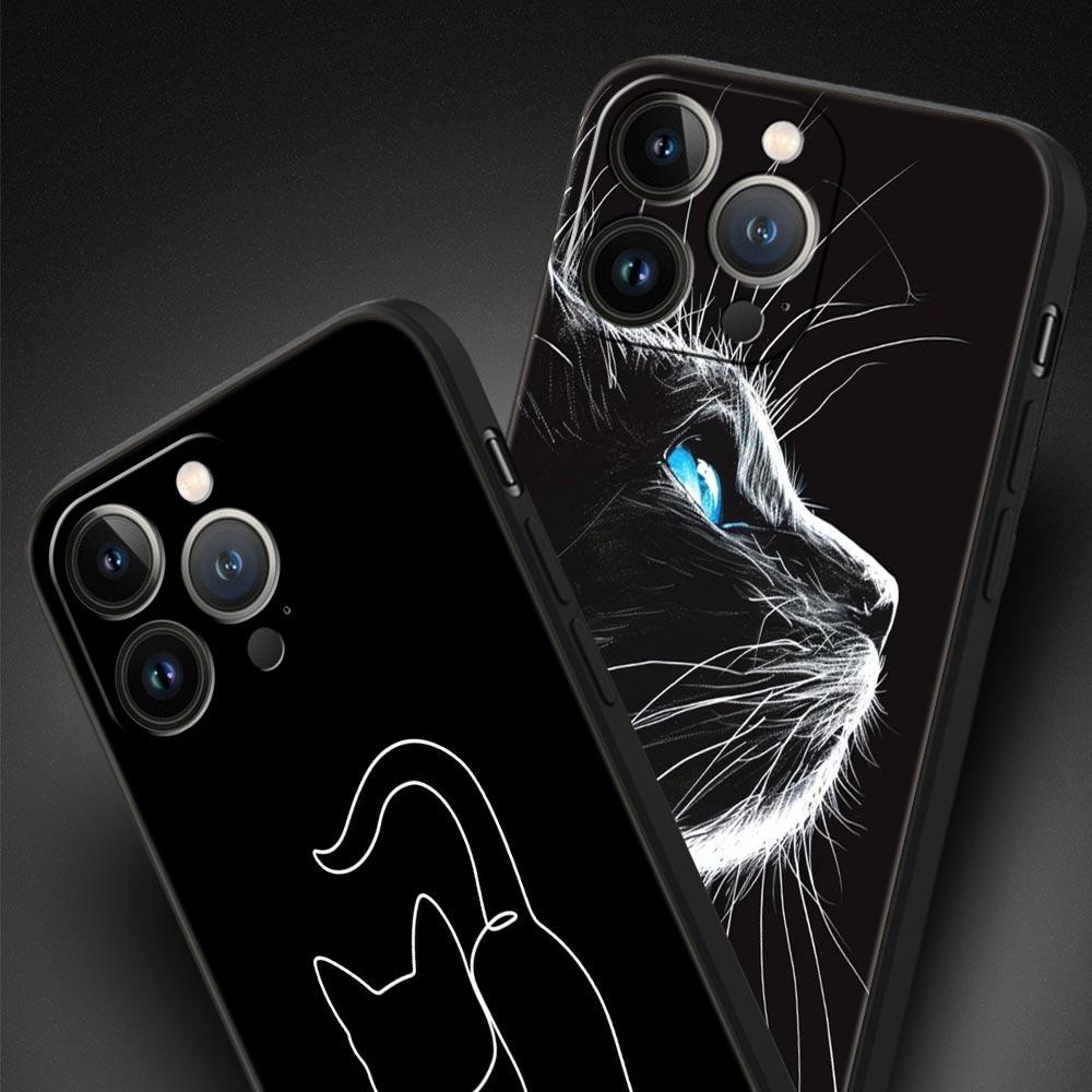 Cat Line Black Cats Phone Case For iPhone 17 16 15 Pro Max 11 12 13 14 7 8 Plus SE 2020 X XR XS Cover Soft Black