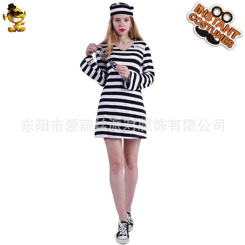 

Halloween Costume Couple Black and White Striped Prisoner Party Cosplay Stage Suit M