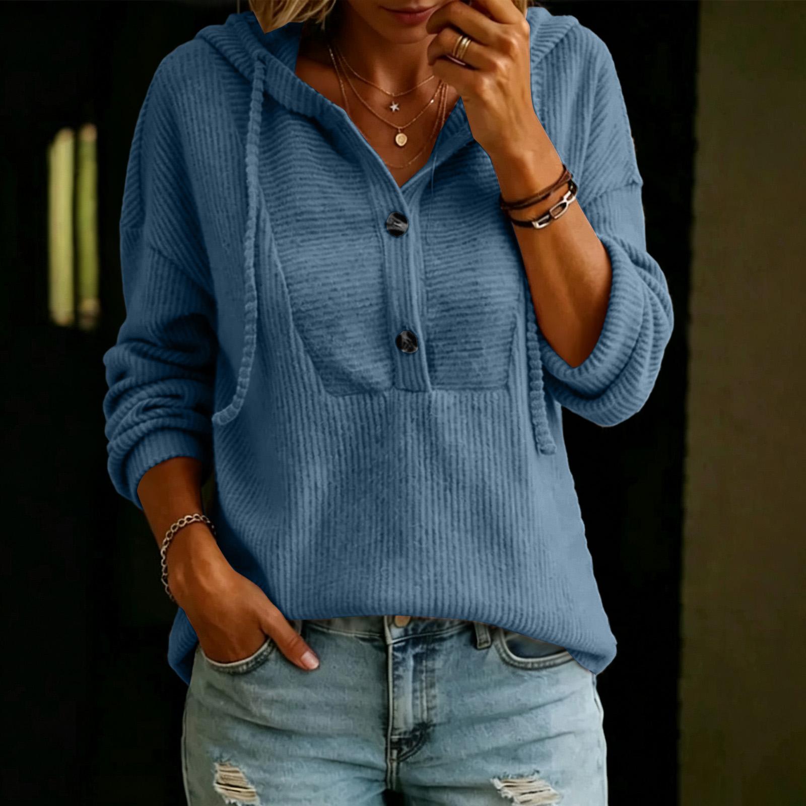 Women s Color V-Neck Long Sleeve Hooded Button Front Casual Top L
