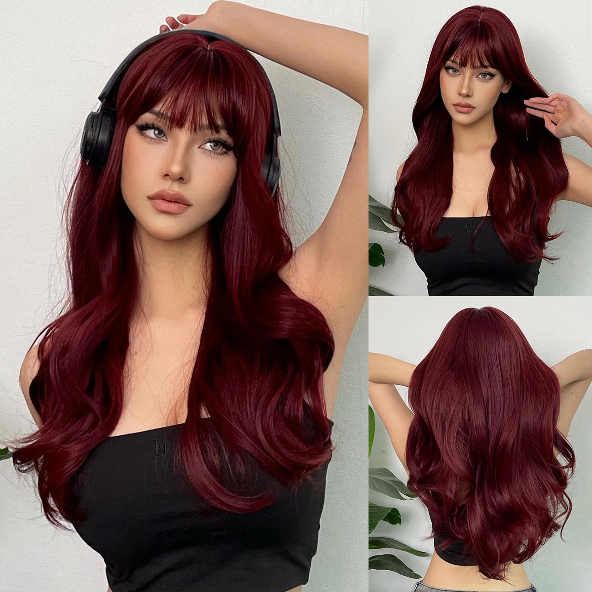 

New wine red synthetic wig with bangs big waves long curly hair daily holiday wig high temperature silk full head cover 26inches