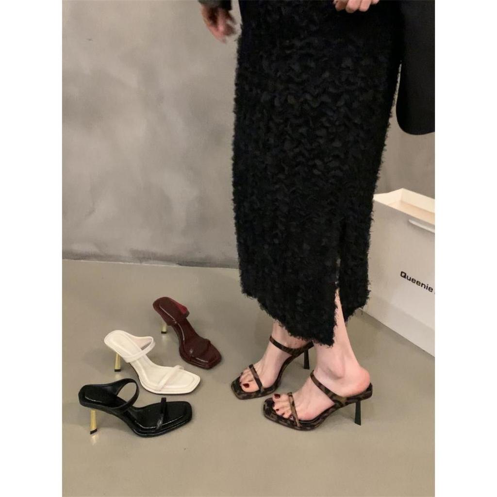 Niche French leopard print high heels one-word slippers women's shoes wear 2025 new summer stiletto sandals