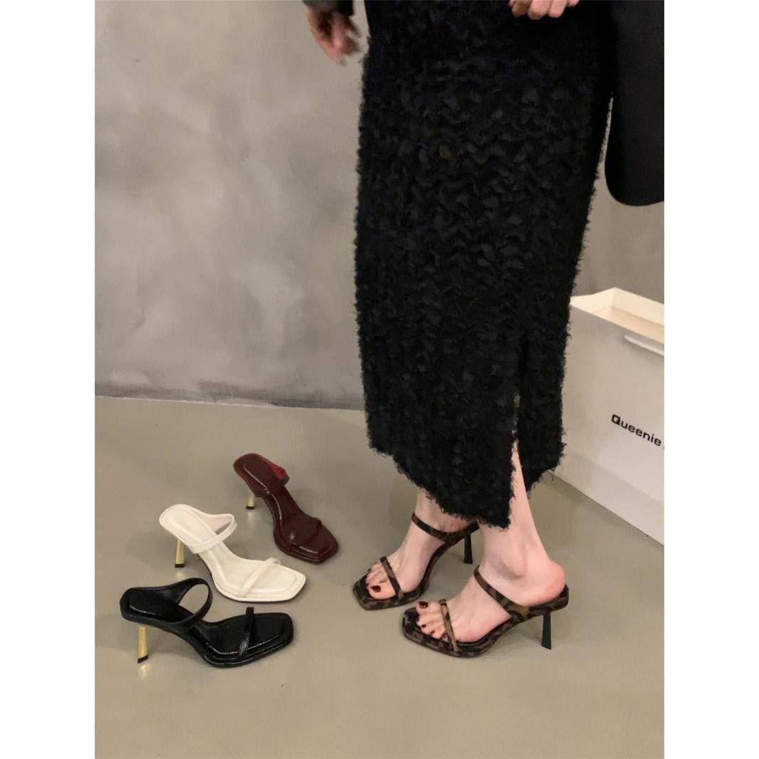 

Niche French leopard print high heels one-word slippers women s shoes wear 2025 new summer stiletto sandals 35