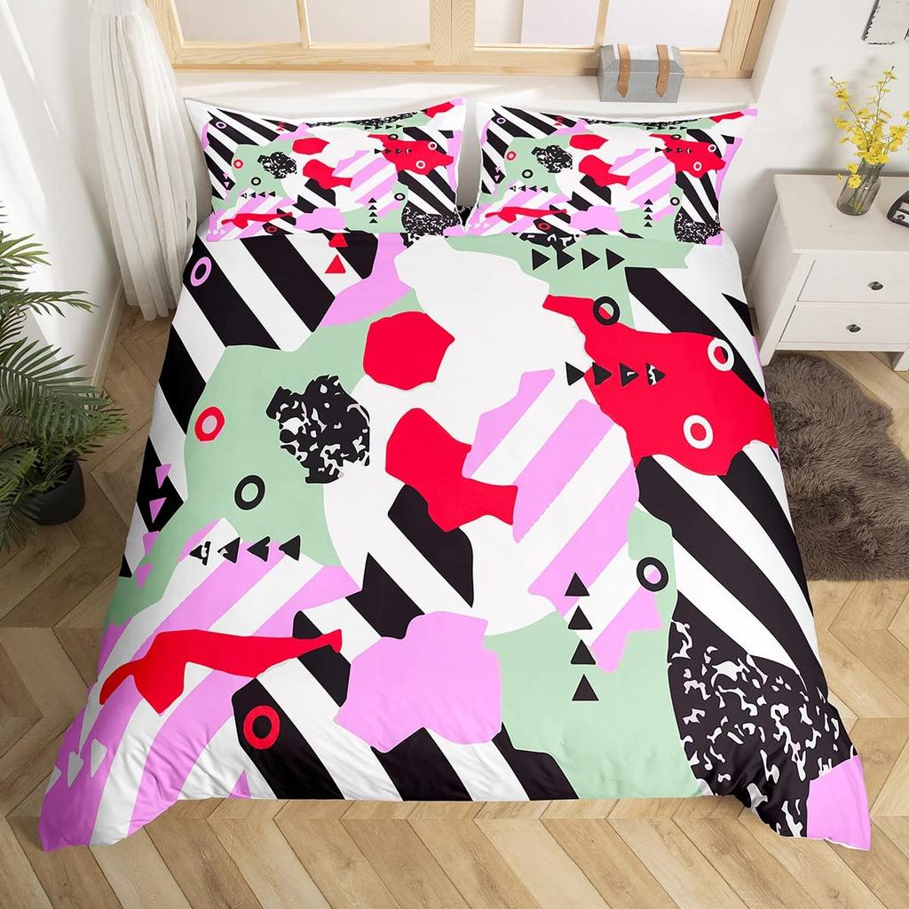 Blau Pink Memphis Bettwäscheset Bunte Abstrakte Bettbezug Hippie Hip Hop Deckenbezug Geometrisch Vintage Mode Steppdeckenbezug
