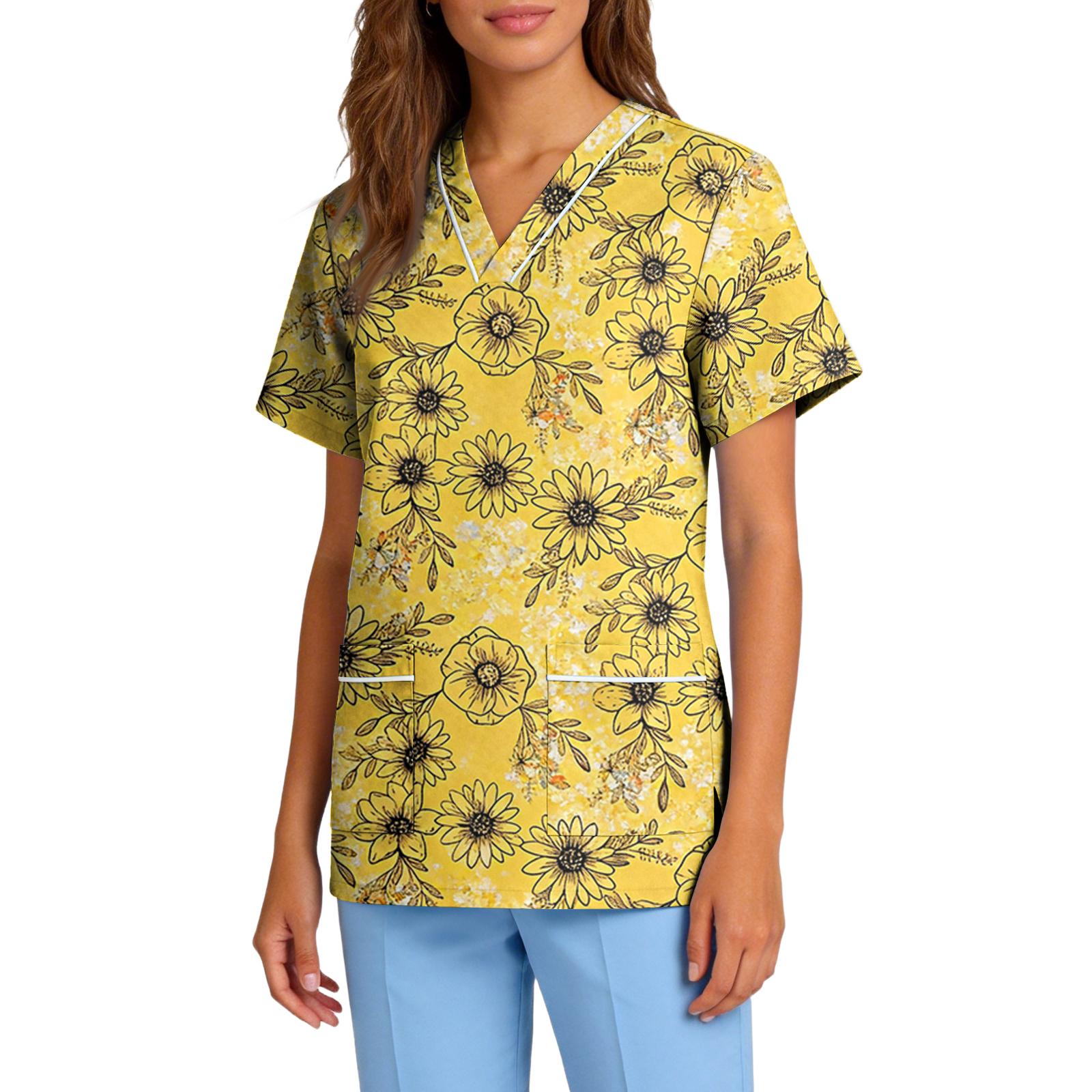 

Women s Stretch Quick-Dry V-Neck Short Sleeve Workwear Top with Botanical Floral Print & Pockets XL жовтий